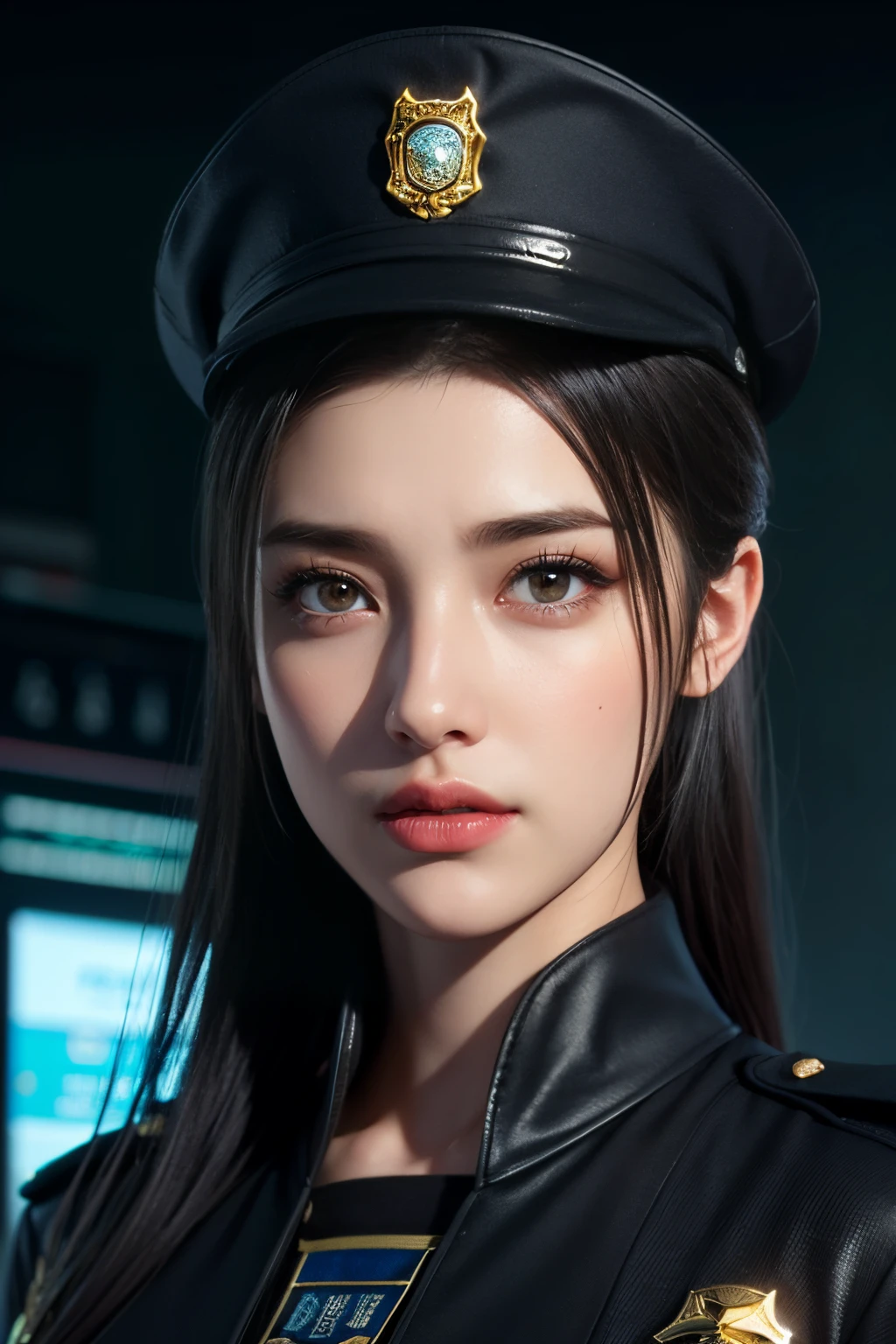high high quality,A high resolution,masterpiece,8K,(Hyperrealistic photos),(Portrait),digital photography,(Reality:1.4),20-year-old girl,exquisite facial features,a purple eye,Red Eyeshadow,((Cyberpunk-style police officer)),Random hairstylelack color hair),Big breasts,(Police uniform,Combat uniforms,Openwork design,Shoulder pads,complex clothing patterns,Exquisite police badge),Keep your mouth shut,Frowning,ssmile,Cold and serious,extremely detailed expression,realistic detail,Light magic,Photo pose,oc render reflection texture