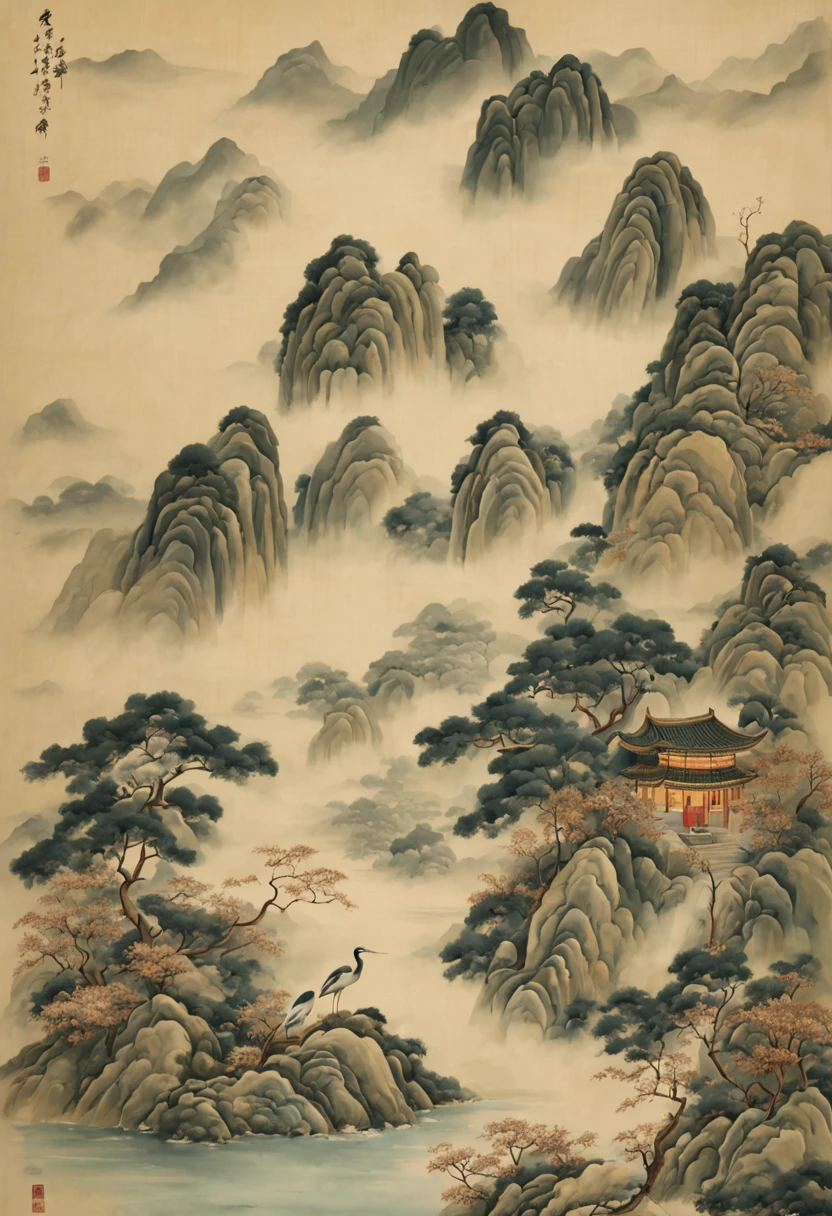 ancient china, mountain, stream, trees, heron, stocks, cloud