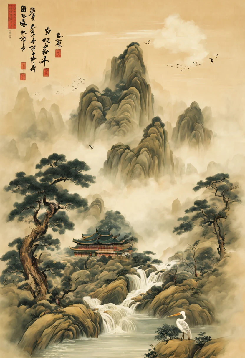 ancient china, mountain, stream, trees, heron, stocks, cloud