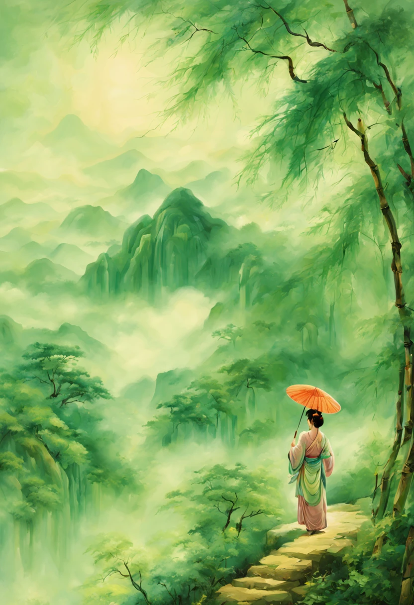 ancient china, bamboo forest, cloud, spring, a young woman, umbrella