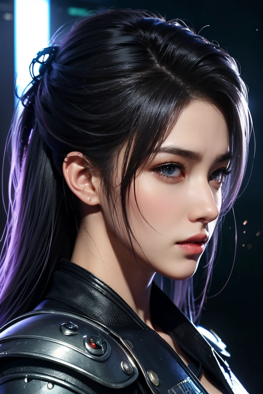 high high quality,A high resolution,masterpiece,8K,(Hyperrealistic photos),(Portrait),digital photography,(Reality:1.4),20-year-old girl,exquisite facial features,a purple eye,Red Eyeshadow,((Cyberpunk-style police officer)),Random hairstyles,(white color hair),Big breasts,(Sci-fi and realistic police uniforms,Combat uniforms,Openwork design,power armour,Metal shoulder pads,complex clothing patterns,Exquisite police badge),Keep your mouth shut,Frowning,ssmile,Cold and serious,extremely detailed expression,realistic detail,Light magic,Photo pose,oc render reflection texture