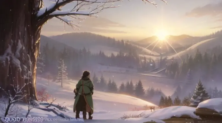 Animation scene of a person standing in the snow looking at a tree, boromir in an anime world, vinland saga, Screenshot of the a...