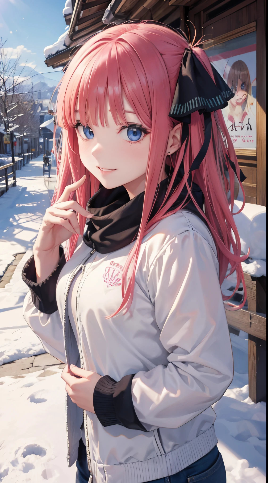 Anime girl with pink hair and blue eyes standing in the snow - SeaArt AI