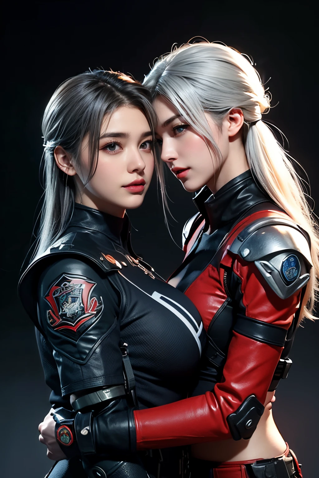 high high quality,A high resolution,masterpiece,8K,(Hyperrealistic photos),(Portrait),digital photography,(Reality:1.4),Two girls hugging and kissing each other,exquisite facial features,a purple eye,Red Eyeshadow,((Two hugging and kissing girls)),Random hairstyles,(white color hair),Big breasts,(Sci-fi and realistic police uniforms,Combat uniforms,Openwork design,power armour,Metal shoulder pads,complex clothing patterns,Exquisite police badge),Keep your mouth shut,elegant and charming,Smile shyly,extremely detailed expression,realistic detail,Light magic,hugs,kiss,oc render reflection texture