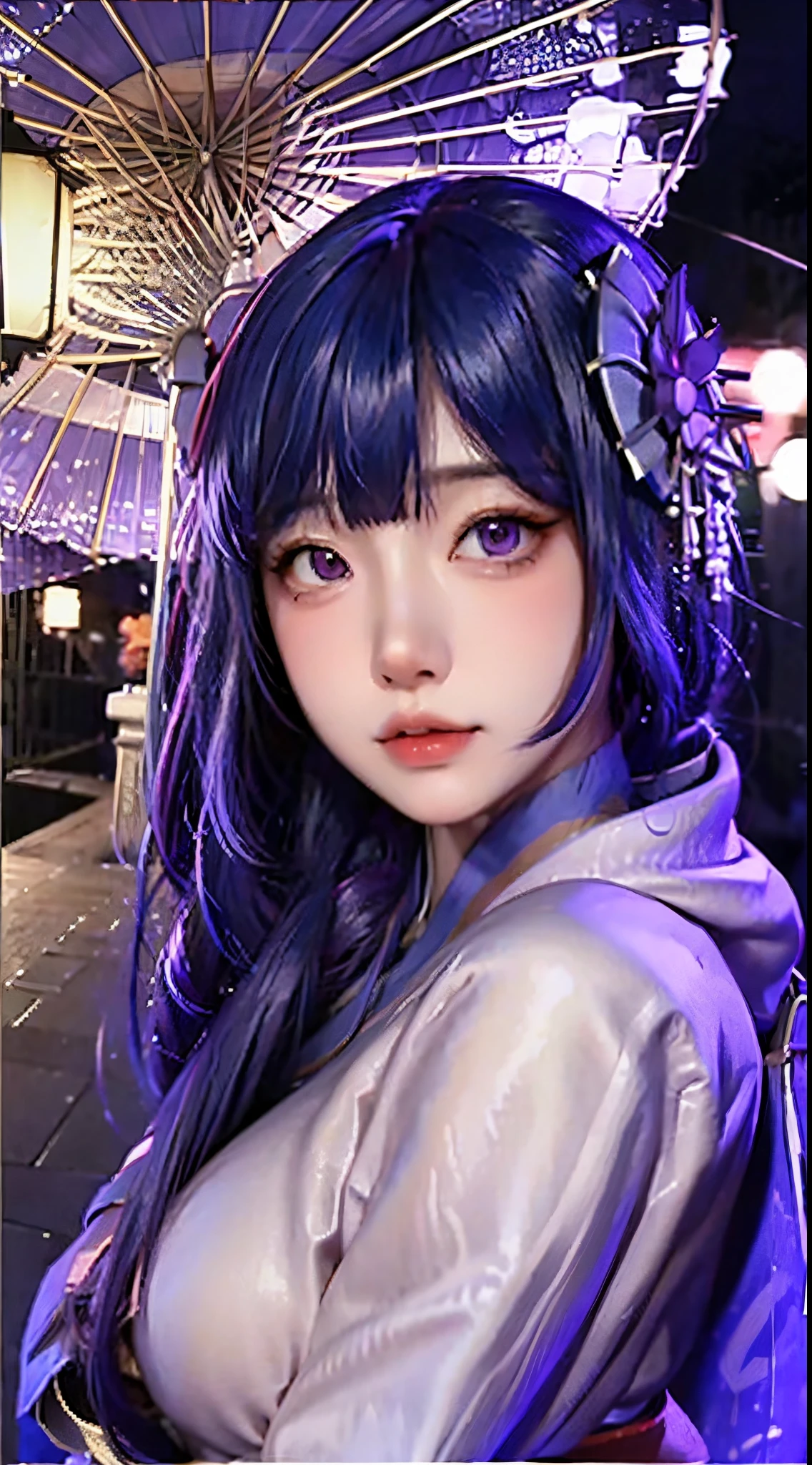 最高品質, masterpiece, high-detail, Reflects light realistically, 1 girl, Upper body, Shogun Raiden, (ulzzang-6500-v1.1:0.5), Big breasts, perfect face, Clear eyes, long-haired, purple hair, Hair Decoration, sky of lightning, night sky, ancient buildings in the background, shallow depth of field, looking at the audience,