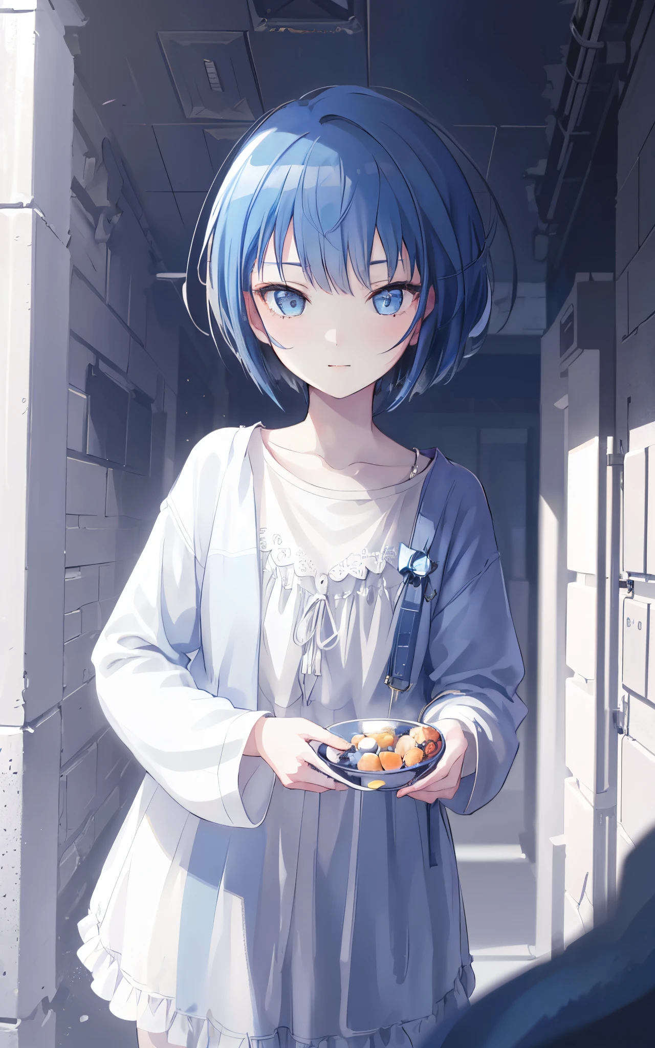 Anime girl with blue hair holding a plate of food in a hallway - SeaArt AI