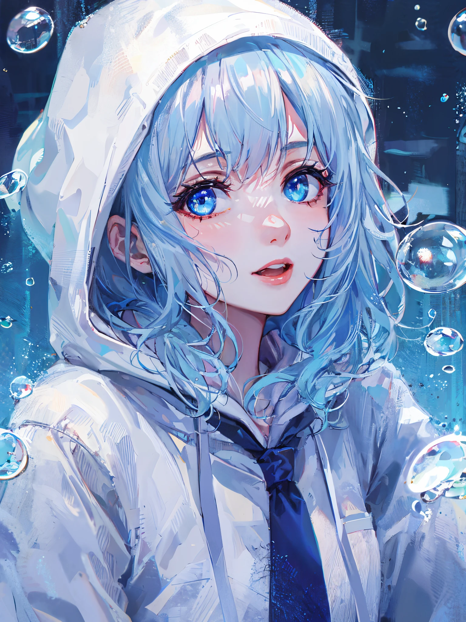 ((top-quality)), ((​masterpiece)), ((ultra-detailliert)), (Extremely delicate and beautiful), girl with, report, cold attitude,((White hoodie)),She is very(relax)with  the(Settled down)Looks,depth of fields,Evil smile,Bubble, under the water, Air bubble,Underwater world bright light blue eyes,inner color with bright gray hair and light blue tips,,,,,,,,,,,,,,,,,,,,,,Cold background,Bob Hair - Linear Art, shortpants、knee high socks、White uniform like school uniform、Light blue ribbon ties、Clothes are sheer、The hand in my right pocket is like a sapphire,Fronllesse Blue, A small blue light was floating、fantastic eyes、selfy,Self-shot、Bangs fall on the eyes, (give a sexy impression.)