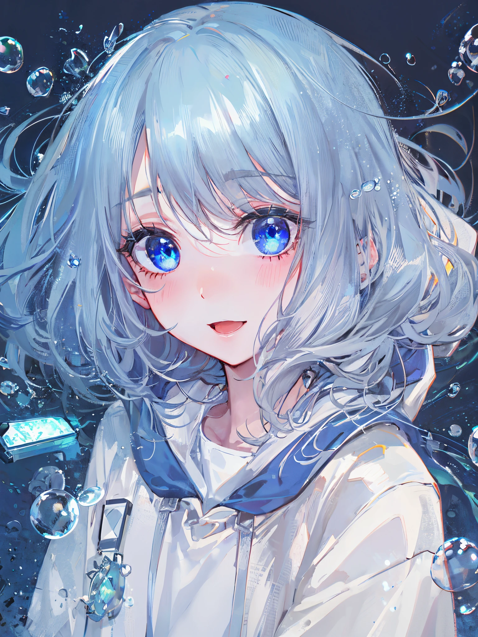 ((top-quality)), ((​masterpiece)), ((ultra-detailliert)), (Extremely delicate and beautiful), girl with, report, cold attitude,((White hoodie)),She is very(relax)with  the(Settled down)Looks,depth of fields,Evil smile,Bubble, under the water, Air bubble,Underwater world bright light blue eyes,inner color with bright gray hair and light blue tips,,,,,,,,,,,,,,,,,,,,,,,Cold background,Bob Hair - Linear Art, shortpants、knee high socks、White uniform like 、Light blue ribbon ties、Clothes are sheer、The hand in my right pocket is like a sapphire,Fronllesse Blue, A small blue light was floating、fantastic eyes、selfy,Self-shot、Bangs fall on the eyes, give a sexy impression.