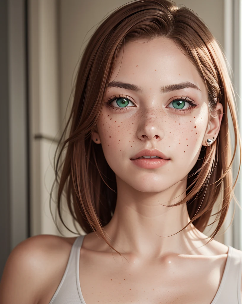 A detailed and realistic portrait of a confident young woman with piercing green eyes, freckles, and flowing auburn hair, by David Bailey. fuller lips