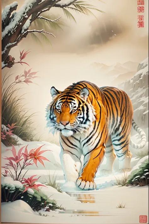 Oyuki，Tiger walking on the snow，Traditional chinese painting 