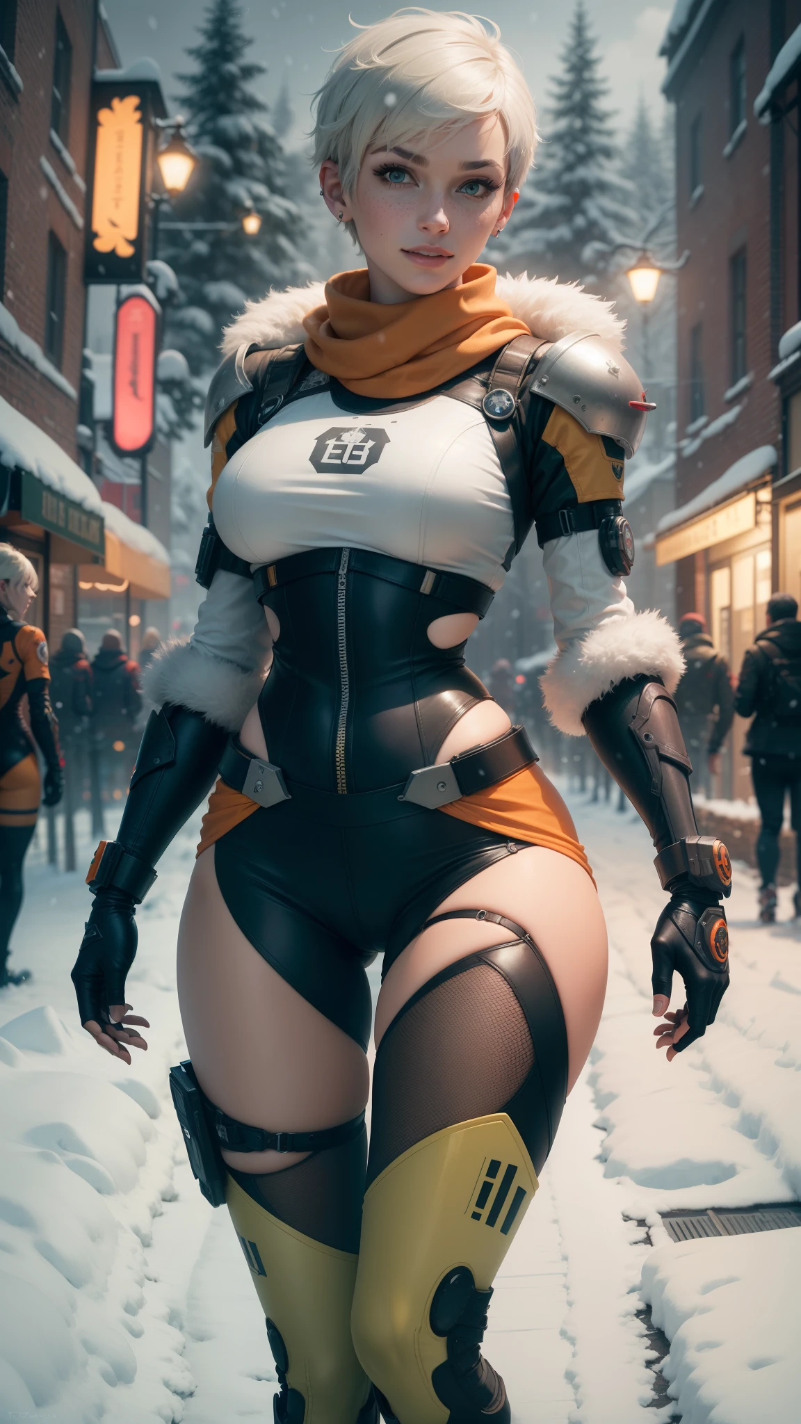 A woman in a cosplay outfit is walking down a snowy street - SeaArt AI