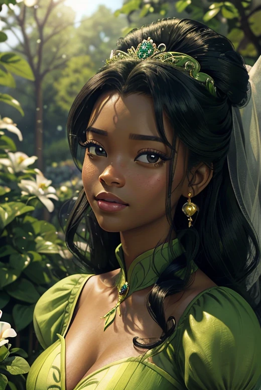 Princess Tiana (da Princesa e o Sapo) melhor qualidade,realista,Retrato,lindos olhos detalhados,lindos lábios detalhados,olhos e rosto extremamente detalhados,cílios longos,Cabelo preto,vestido verde,pose elegante,Fundo do jardim,Flores coloridas,luz do sol,iluminação suave