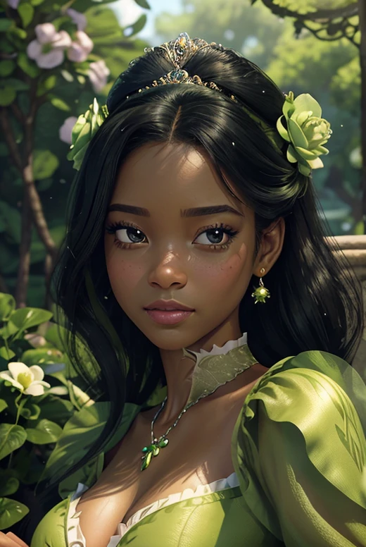 Princess Tiana (da Princesa e o Sapo) melhor qualidade,realista,Retrato,lindos olhos detalhados,lindos lábios detalhados,olhos e rosto extremamente detalhados,cílios longos,Cabelo preto,vestido verde,pose elegante,Fundo do jardim,Flores coloridas,luz do sol,iluminação suave