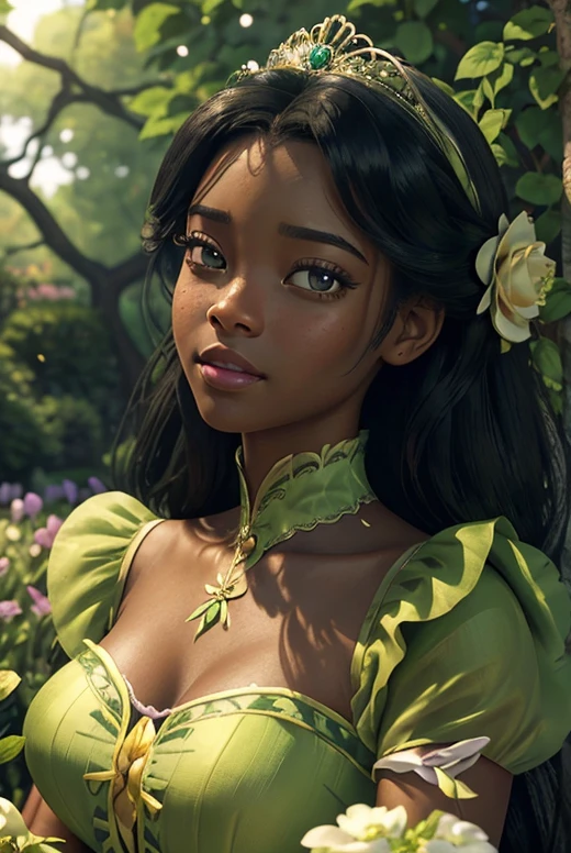 Princess Tiana (da Princesa e o Sapo) melhor qualidade,realista,Retrato,lindos olhos detalhados,lindos lábios detalhados,olhos e rosto extremamente detalhados,cílios longos,Cabelo preto,vestido verde,pose elegante,Fundo do jardim,Flores coloridas,luz do sol,iluminação suave