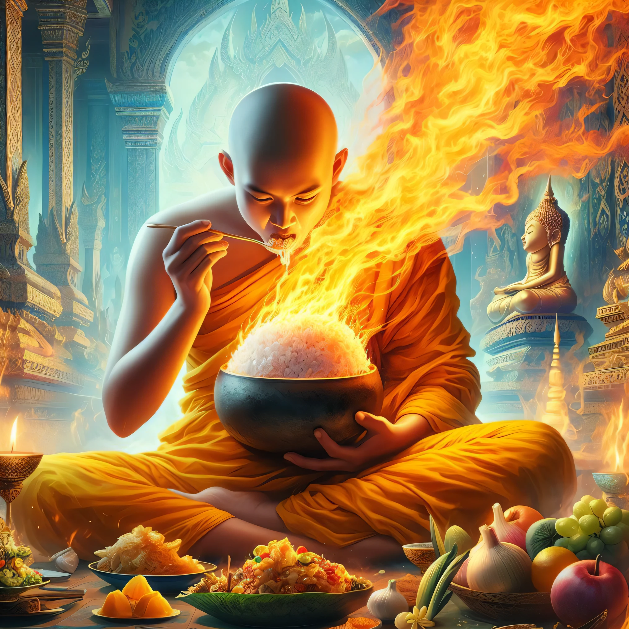 arafed monk sitting in front of a bowl of food with fire coming out of it, monks!!!!!!!!! fire, monk meditate, holy flame spell, holy fire spell art, buddhist monk, buddhist monk meditating, fisting monk, buddhist, concept art of a monk, monk, 2 1 st century monk, samsara, buddhism, flame conjuring, spiritual enlightenment