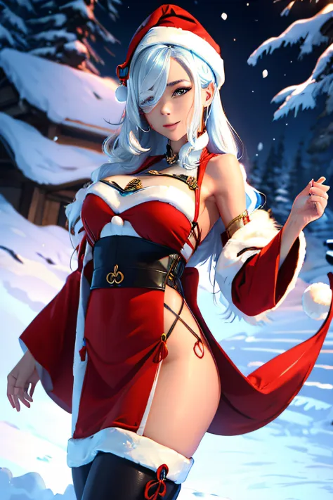 Shenhe Genshin Impact in Christmas clothes Snow Maiden erotic art 3D hentai