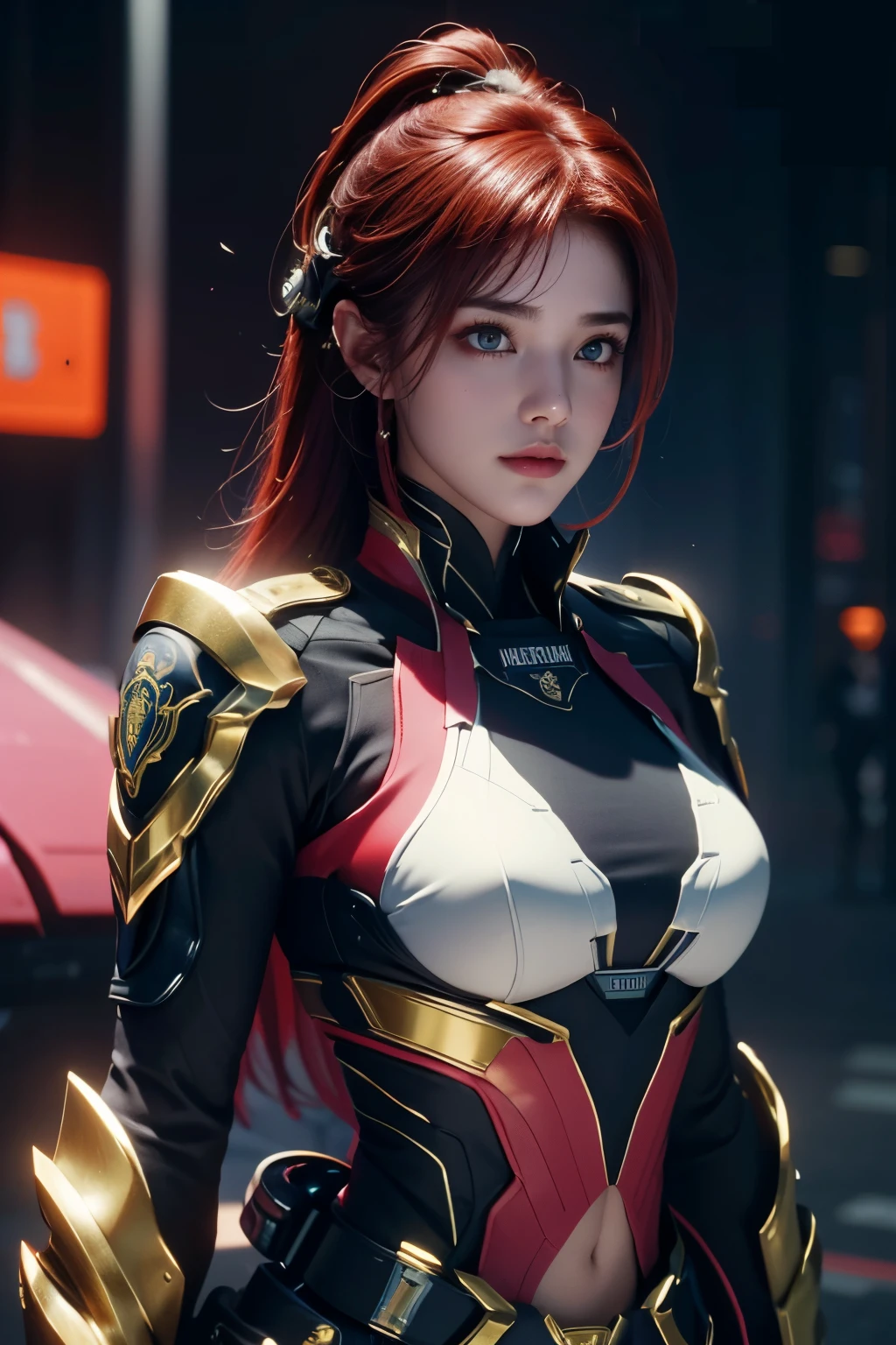 high high quality,A high resolution,masterpiece,8K,(Hyperrealistic photos),(Portrait),digital photography,(Reality:1.4),20-year-old girl,exquisite facial features,a purple eye,Red Eyeshadow,((Cyberpunk-style police officer)),Random hairstyles,(red tinted hair),Big breasts,Cleavage,(An open police uniform with a mix of sci-fi and realistic style,With an open chest,Combat uniforms,Openwork design,power armour,Metal shoulder pads,complex clothing patterns,Exquisite police badge),(Show navel),Keep your mouth shut,Frowning,ssmile,Cold and serious,extremely detailed expression,realistic detail,Light magic,Photo pose,oc render reflection texture