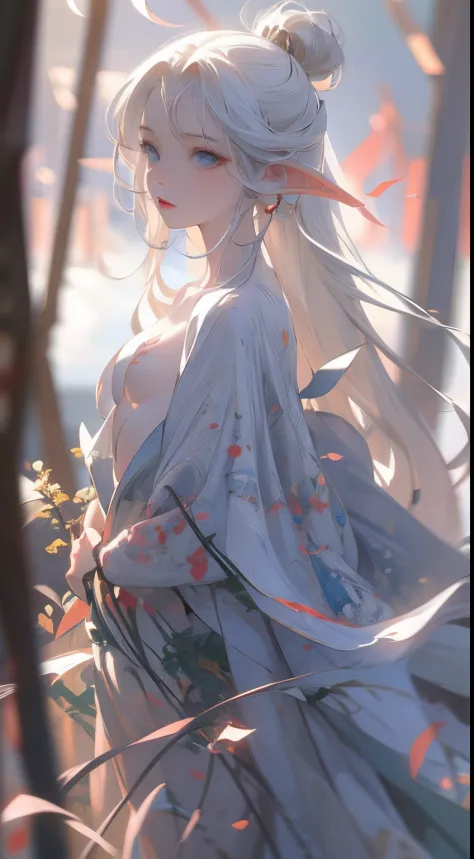 Anime style, albine nude woman naked, white hair, blue eyes, elf ears, red lips, perfect small nude breasts, shaved pussy, walki...
