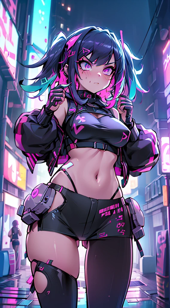 masutepiece,8K,High quality,Ultra Detail,super precision,1girl in(Shoot with P90)(in fighting)(Angry face),big ,cyberpunked,in fighting,Building area at night where it is located(cyberpunked),dazzling neon light,