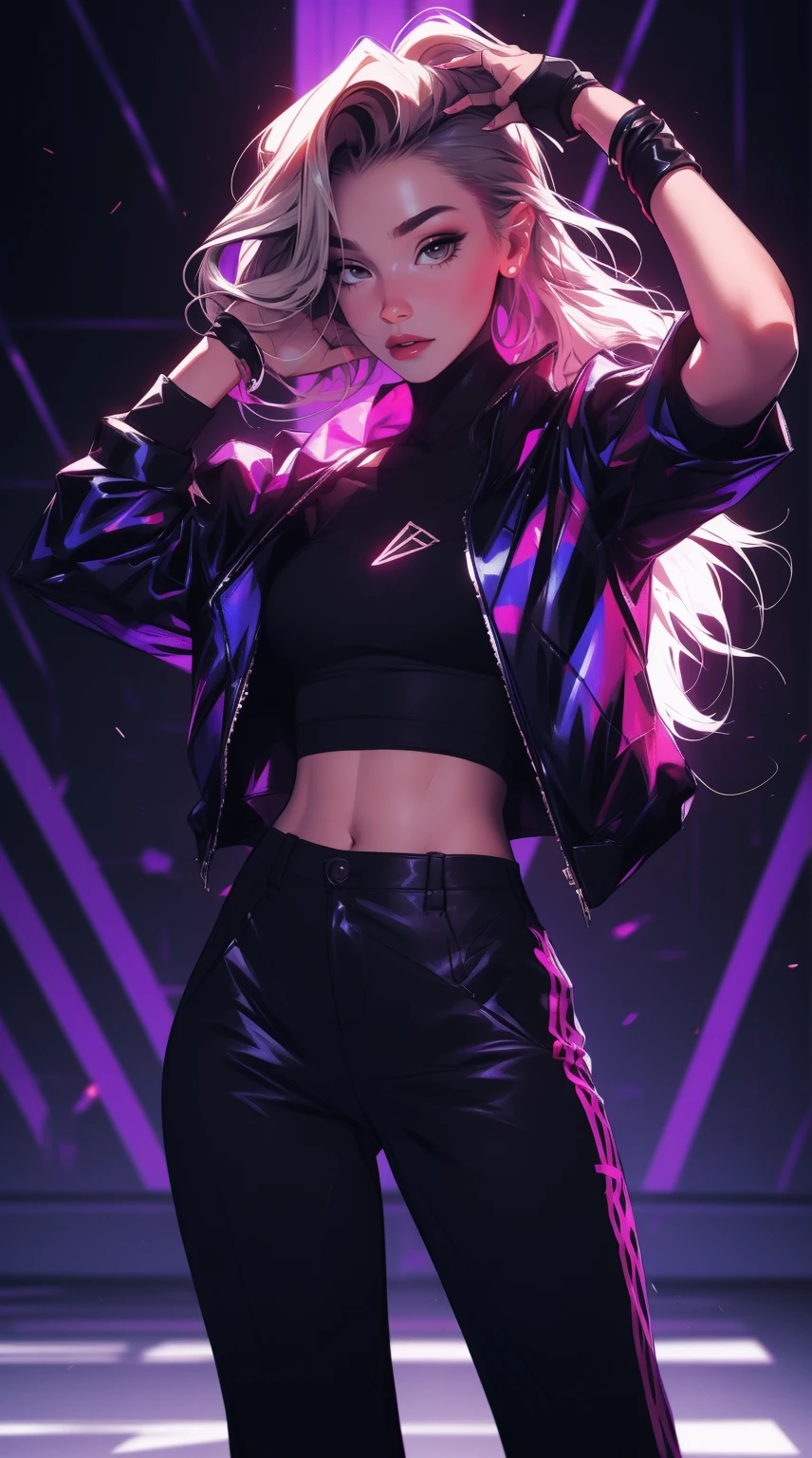 master part, 4K Ultra HD, foco nítido, Realistic; Uma menina com cabelo castanho curto, olhos cor de mel, athletic with defined muscles, adornado com uma elegante jaqueta prateada, black pants, e botas. On the arm written Miuri on Mlbb" e abaixo "mid laner."