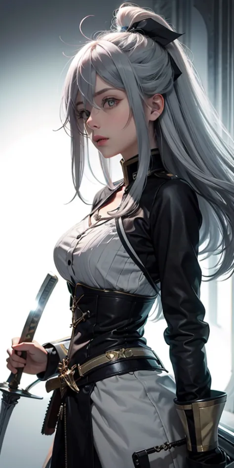 vladilenalora, long hair, grey eyes, grey hair, sword,