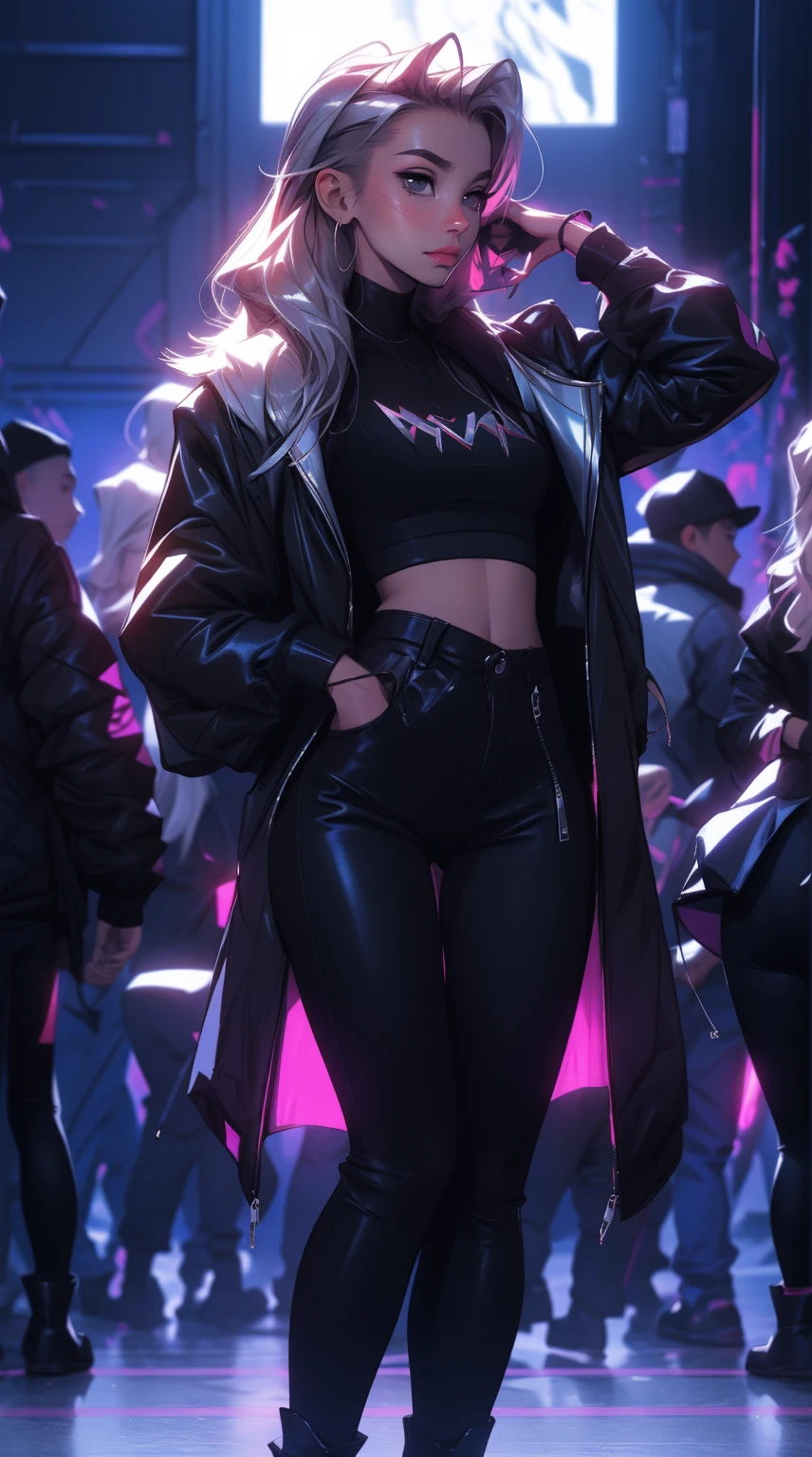 Masterpiece, 4K Ultra HD, sharp focus, realistic; a girl In the Gawr Gura style of hololive in a stylish silver jacket, black pants, and boots. Maintain the characteristics of Gawr Gura.