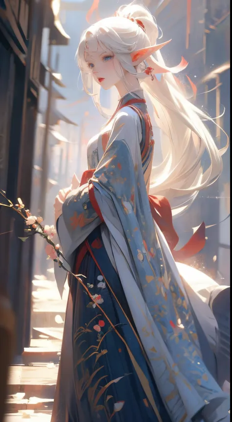 Anime style, albine elf woman , white hair, blue eyes, elf ears, red lips, walking forest, very pale albine white body