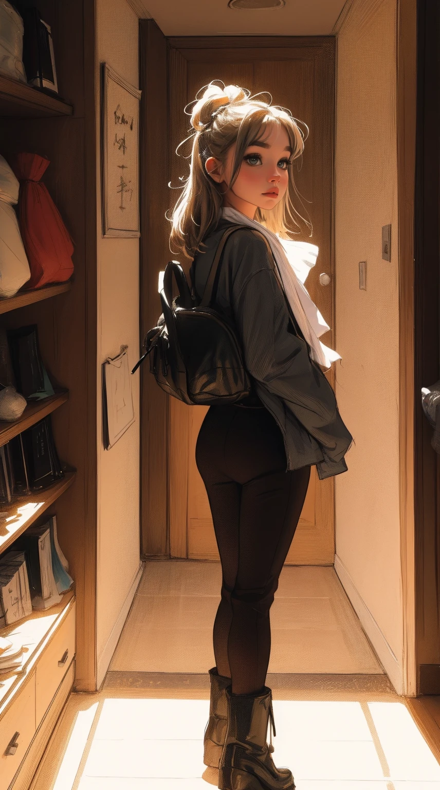 Masterteil, 4K Ultra HD, scharfer Fokus, realistisch; Das Mädchen im Gawr-Stil Gura von Hololive in einer eleganten silbernen Jacke, schwarze Hosen, und Stiefel. Behalte Gawr Guras Gesicht, aber realistischer.