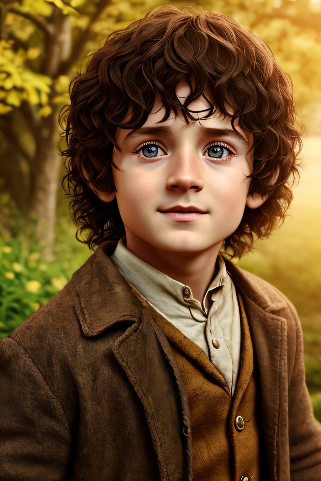 (CBZBB:1.25), Portrait of a child Frodo Baggins, Frodo Baggins, 10 years old.Or., Artstation, .CGI_Animation, Realistic