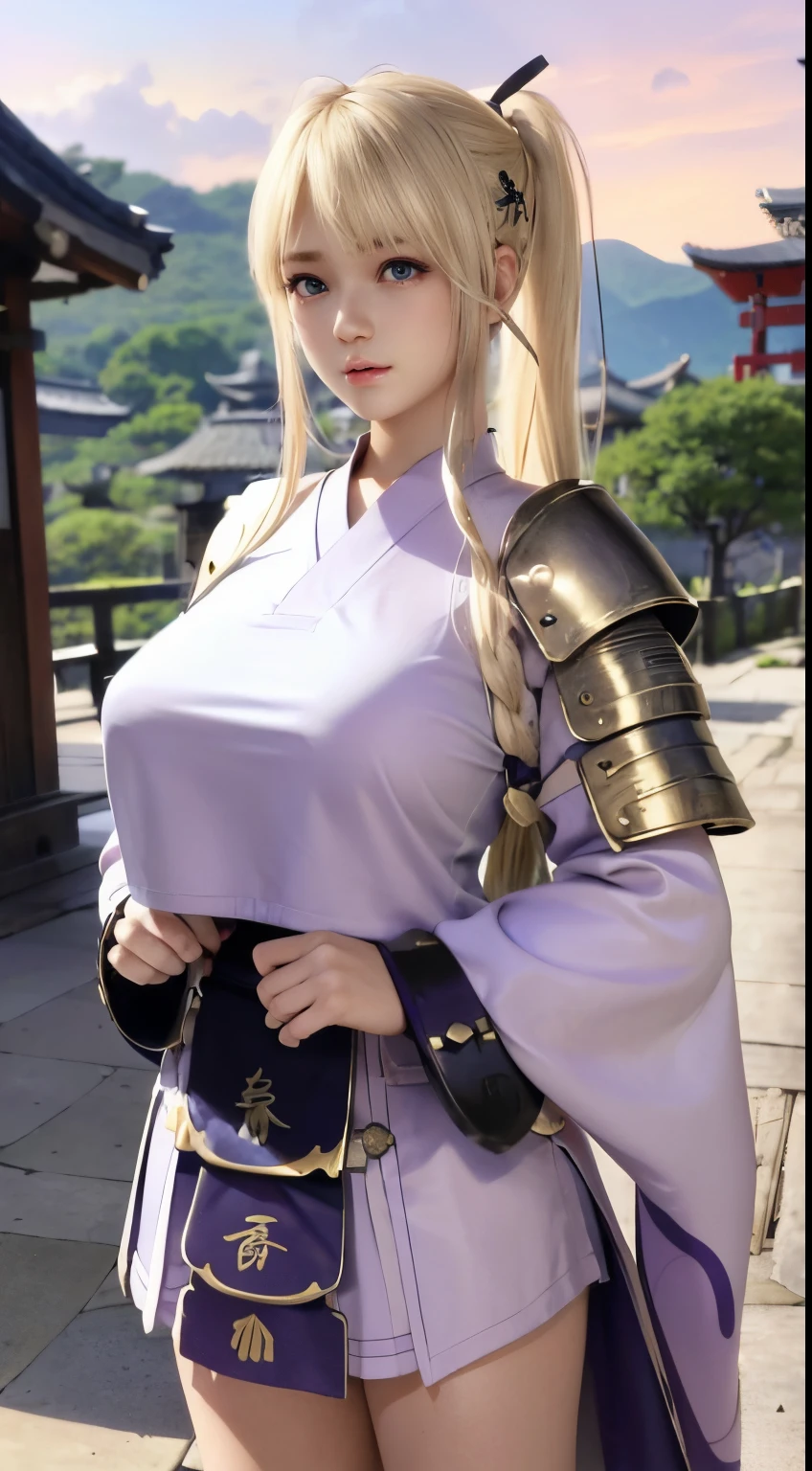 Marie Rose、blondehair、((12year old)), hair((blondehair, long, Wavy)), Eyes((Smart Eyes, noisette)), Clothes((warior clothes, Samurai Armored, Light purple)), Ponytail, shock, Colossal tits, huge-breasted, oppai, temple, shrines,