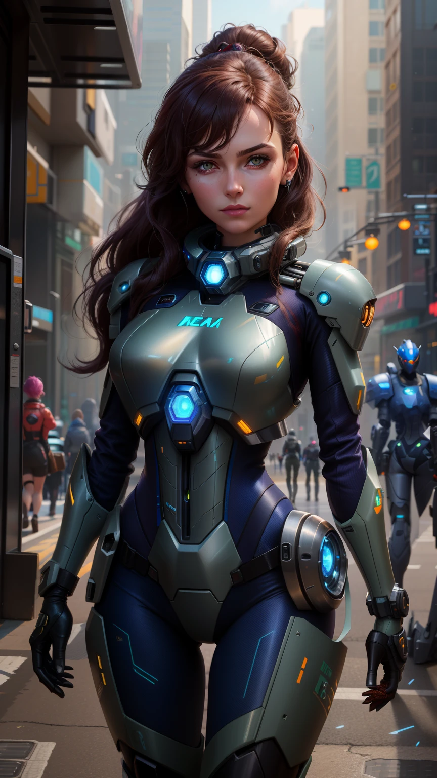 Close-up of a woman wearing a futuristic suit on the street, sci-fi woman, Mecha network armor girl, Wearing sci-fi military armor, sci-fi female, Female mech, Internet litigation, science fiction suit, Internet litigation, epic sci-fi character art, epic scifi character art, Wojtechfors, Volop. sci-fy