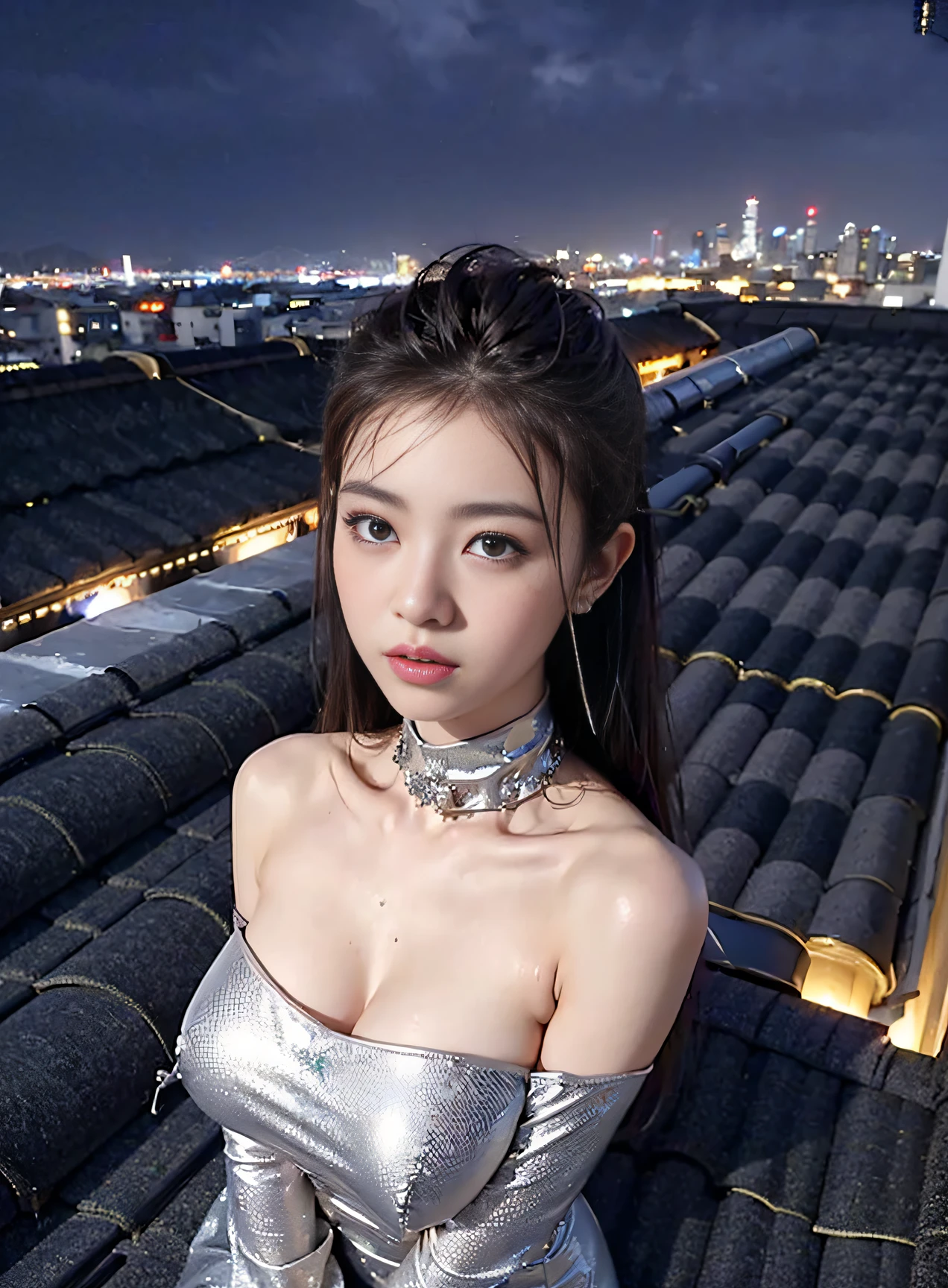 (((One woman: 2))), (Beautiful girl in a super shiny metallic silver mini dress), (Super Shiny Metallic Gold Fashionable Turtleneck Off Shoulder Mini Dress), ((Rooftop of a city building with a beautiful night view:1.8)), (Cute girl at 1), ((1screen)), in 8K, RAW shot, top quality photo, ​masterpiece, Nice realistic photos, ((Anatomically correct proportions: 1.5)), Beautiful woman with Japan like an actress, ｛Slender body｝、small head, Detailed face, Detailed eyes, Narrow Nose, Detailed fingers, detailed arms, Detailed skin, Detailed legs, short torso, Narrow waist , Large breasts, Nipple shadow, Small buttocks, Gravure photo shoot with bold pose、Crotch open pose、Heavy rain、Rain-soaked skin、Rain-soaked hair