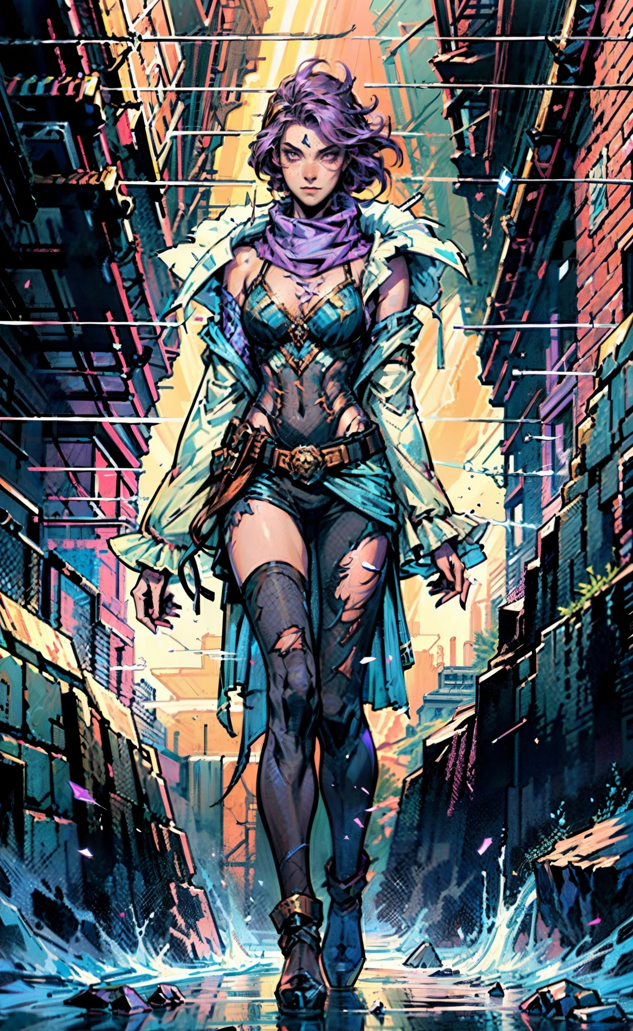 A beautiful woman, short purple hair, long bangs covering her left eye, a headband on her forehead, an exquisite and charming face, a mysterious gaze, a faint smile, draped over her shoulders  a thick fur scarf connected to sleeves made of the same fur, a fantasy-style bikini outfit, showcases her delicate and alluring figure, a fur belt around her waist, the background features a cracked giant stone in the wilderness emitting an eerie glow, this character embodies a finely crafted fantasy-style female villain in anime style, exquisite and mature manga art style, perfect body, perfect nose, goddess, femminine, high definition, best quality, highres, ultra-detailed, ultra-fine painting, extremely delicate, professional, anatomically correct, symmetrical face, extremely detailed eyes and face, high quality eyes, creativity, RAW photo, UHD, 8k, Natural light, cinematic lighting, masterpiece-anatomy-perfect, masterpiece:1.5
