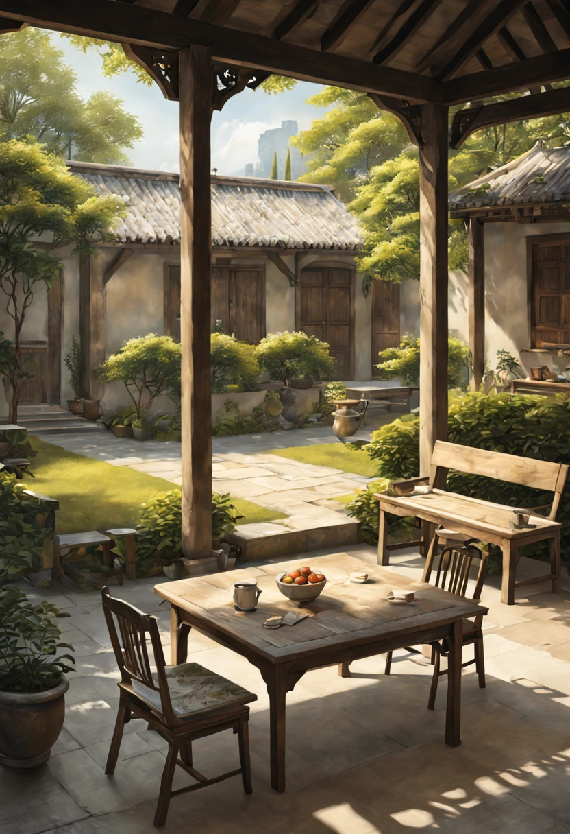 Pastoral courtyard painting with table, chairs and bench (Best quality), (ultra - detailed), (Best Best Illustration),(The best light and shadow), hyper HD, super detailing, Best quality at best