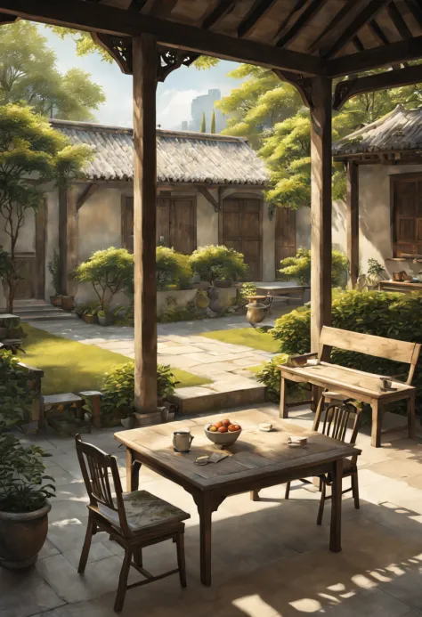 Pastoral courtyard painting with table, chairs and bench (Best quality), (ultra - detailed), (Best Best Illustration),(The best ...