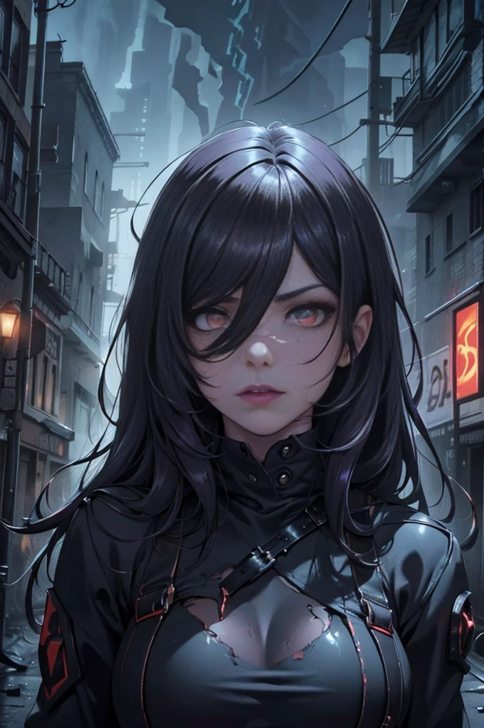 (best quality,4k,8k,highres,masterpiece:1.2),ultra-detailed,(realistic,photorealistic,photo-realistic:1.37),illustration,devilish,expressive face,bright red eyes,dark lips,long red nails,flames,smoke,strong muscles,broken buildings,burning city,keyhole windows,destroyed cars,fallen debris,nighttime,gloomy atmosphere,ominous skies,desolate streets,ashen ruins,dim streetlights,dramatic shadows,misty moonlight,dystopian,post-apocalyptic,demonic apocalypse,chaotic destruction,ferocious power,overwhelming darkness,eternal flames,purple lightning,fantastic realism,portraits