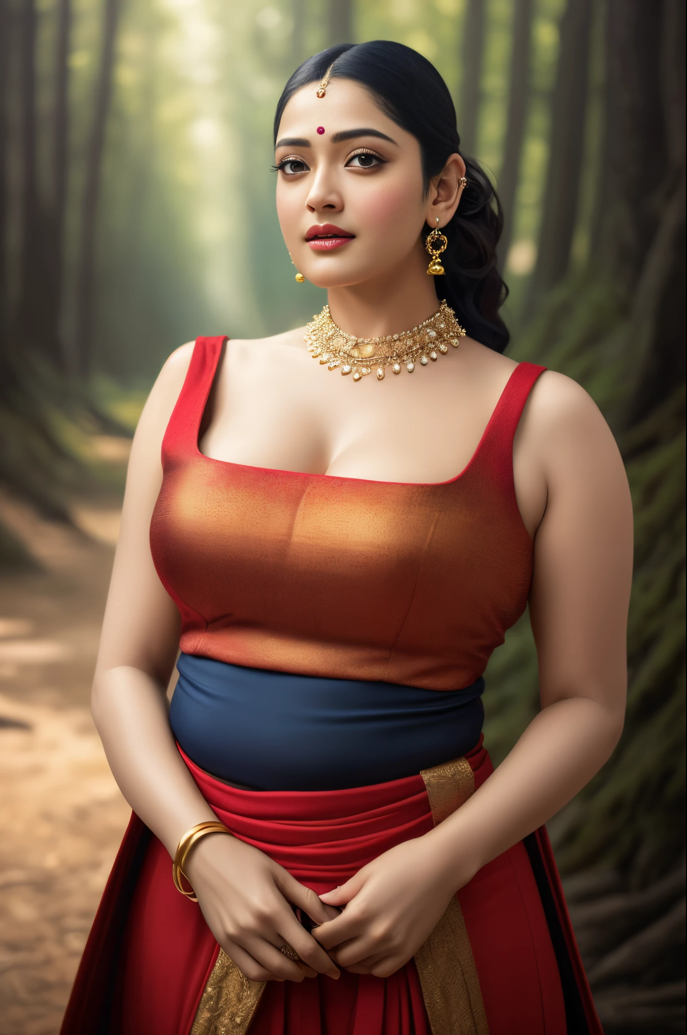 Gesichtsmischung von Anushka Shetty und Nayanthara, ein meisterhaftes, ultrarealistisches, ultradetailliertes Porträt eines wunderschönen Mädchens in unglaublicher goldener Rüstung. barocke Renaissance. im Wald. mittlere Aufnahme, kompliziert, elegant, sehr detailliert. Trends auf ArtStation, digital art, by stanley artgerm lau, Wlop, Abonnieren, James Jean, Andrei Riabovitchev, Marc Simonetti, Yoshitaka Amano. background by James Jean and gustav klimt, Licht von Julie Bell, 4 k, Porzellanhaut.