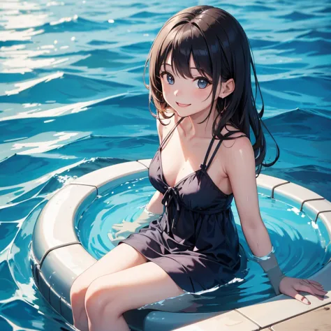 A 25 years old girl wearing swimming dress, in water, smiling face,  looking at viewer