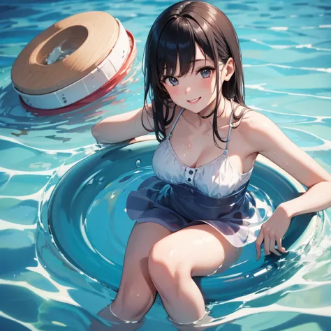 A 25 years old girl wearing swimming dress, in water, smiling face,  looking at viewer