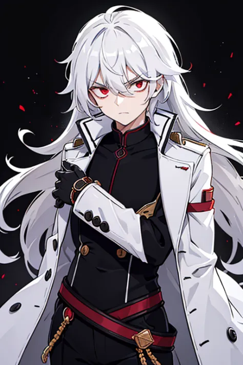 A man with long hair and red eyes, wearing a large white coat over a black woolen shirt with a high collar. His hair cascades do...