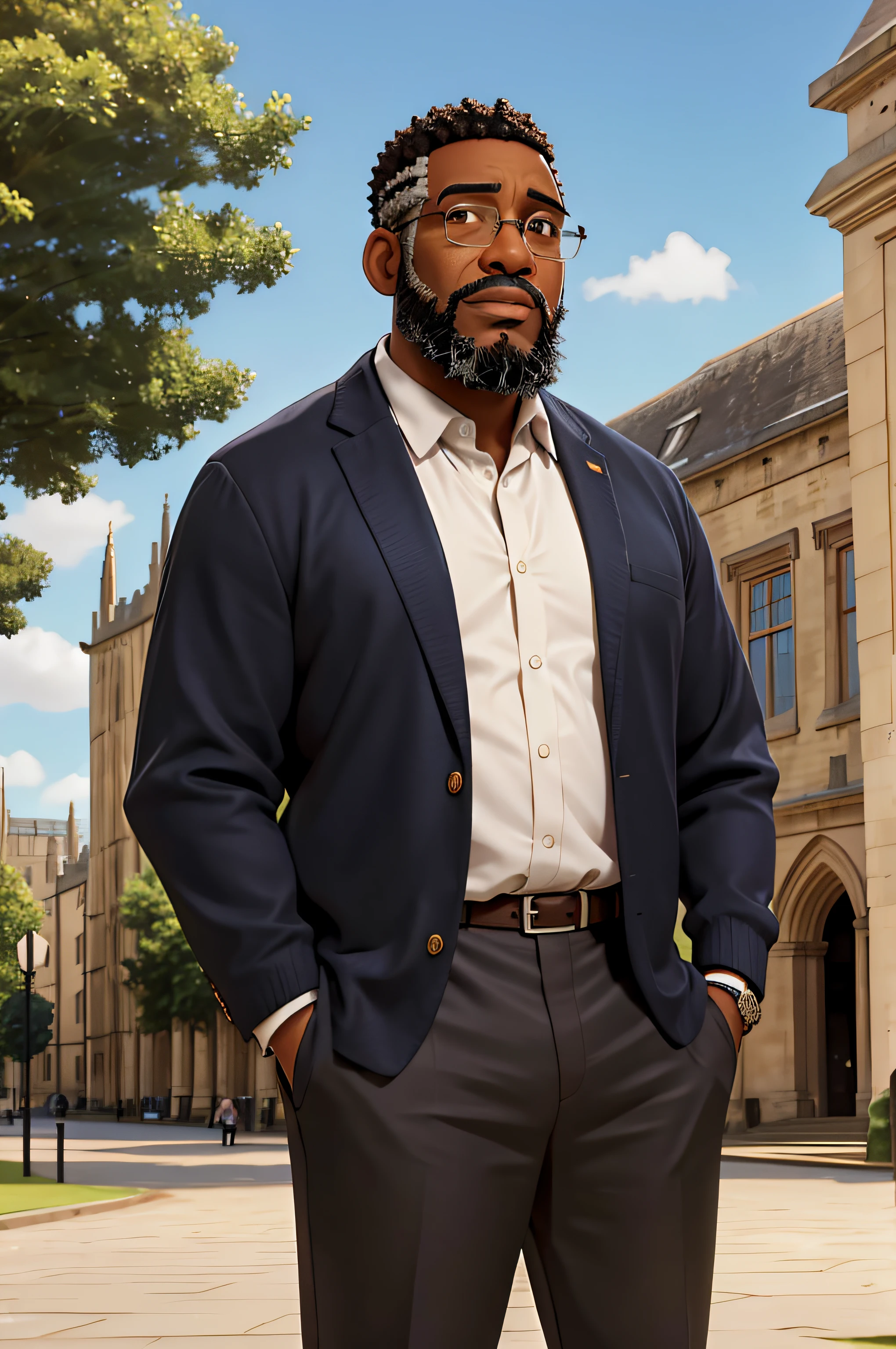 a Black man, Wise, elegant and intellectual, Standing in front, Looking at the Viewer, Short and curly Hair, modern clothing, slightly overweight, short beard, looking 60 years old, some gray hairs in his beard and hair, half pants, illuminated on a sunny day, with the front of Oxford University as a backdrop.
