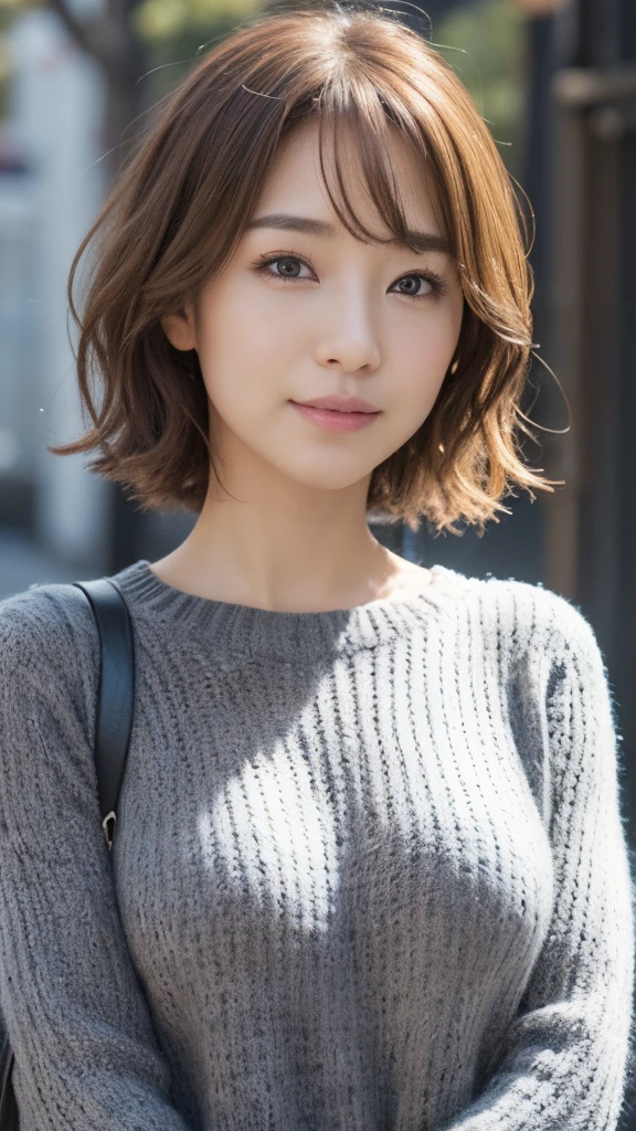 (the Extremely Detailed CG Unity 8K Wallpapers,masutepiece, Best Quality, Ultra-detailed, Looking at the camera:1.2, Light on Face:1.5, Gray background, profetional lighting), Lives in Japan３０Old Female、short-hair, A dark-haired, Plump facial contours:1.5, (tthin eyebrows:1.25), Big shining eyes, Undersized nose, Soft mouth, slender physique, (Shirt under sweater), Sincere impression, noble mix fix v3.0