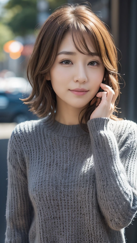 (the Extremely Detailed CG Unity 8K Wallpapers,masutepiece, Best Quality, Ultra-detailed, Looking at the camera:1.2, Light on Face:1.5, Gray background, profetional lighting), Lives in Japan３０Old Female、short-hair, A dark-haired, Plump facial contours:1.5, (tthin eyebrows:1.25), Big shining eyes, Undersized nose, Soft mouth, slender physique, (Shirt under sweater), Sincere impression, noble mix fix v3.0