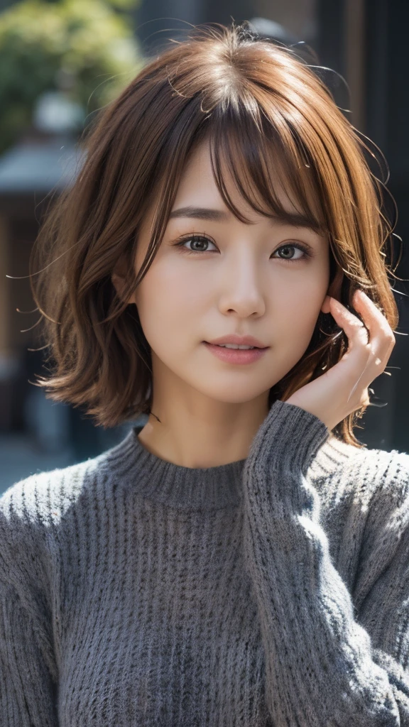 (the Extremely Detailed CG Unity 8K Wallpapers,masutepiece, Best Quality, Ultra-detailed, Looking at the camera:1.2, Light on Face:1.5, Gray background, profetional lighting), Lives in Japan３０Old Female、short-hair, A dark-haired, Plump facial contours:1.5, (tthin eyebrows:1.25), Big shining eyes, Undersized nose, Soft mouth, slender physique, (Shirt under sweater), Sincere impression, noble mix fix v3.0