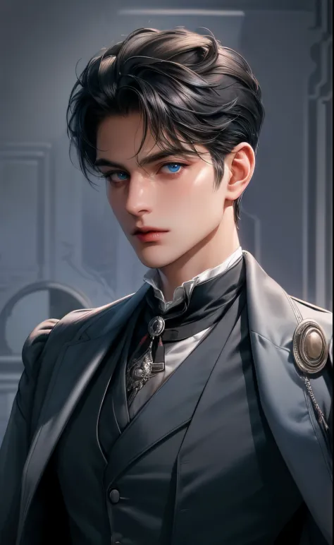 (masterpiece,best quality,ultra_detailed,highres,absurdres) (detailed shadow) (quality light),1 (mature) male, 30-ish, ((wide shoulder)) (muscleale focus, solo, short black Quiff hair with Soft Fringe (bangs part on side 3:7 ratio), blue eyes (detailed eye...