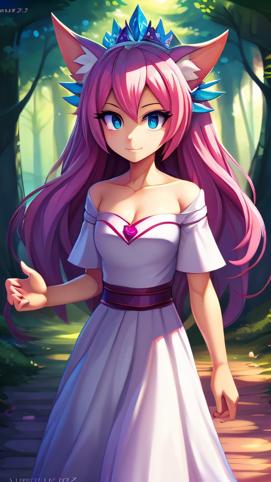 Ein Anime-Mädchen mit langen pinken Haaren und einem weißen Kleid geht durch den Wald..., Göttin des Frühlings, Naturgöttin, Fee, Königin des Sommerwaldes, Anime-Göttin, cushart krenz key art feminine, Trends auf Artstation Pixiv, Göttin des Waldes, Anime-Fantasie-Illustration, schönes Mädchen, wunderschöne Anime-Kunstwork, wunderschöne Anime-Kunst