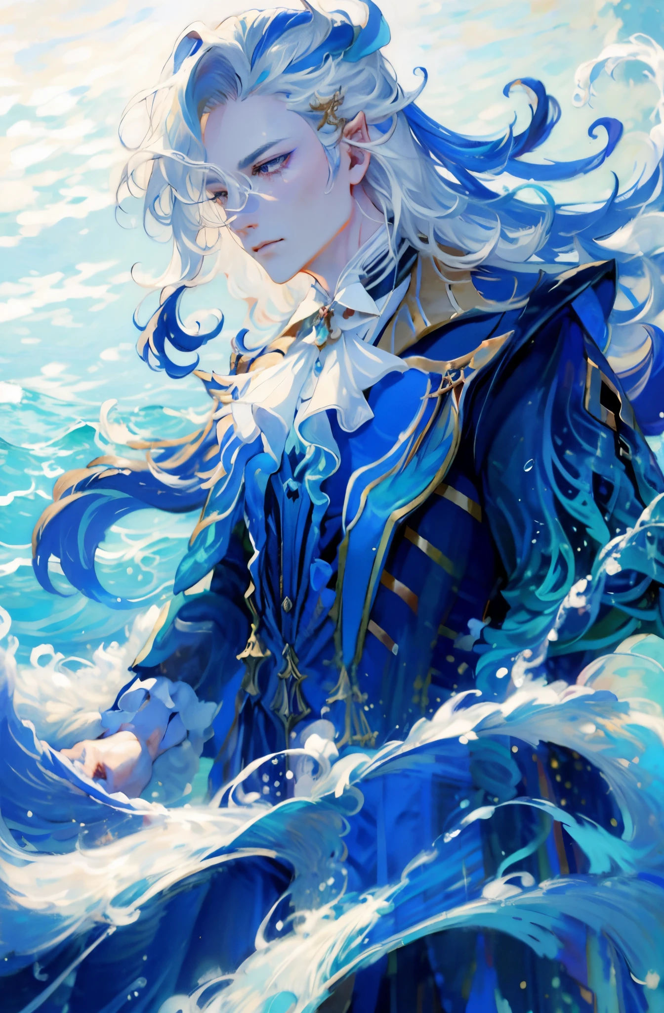 1  mature man colo, long white hair with blue streaks, blue clothes, water waves on background