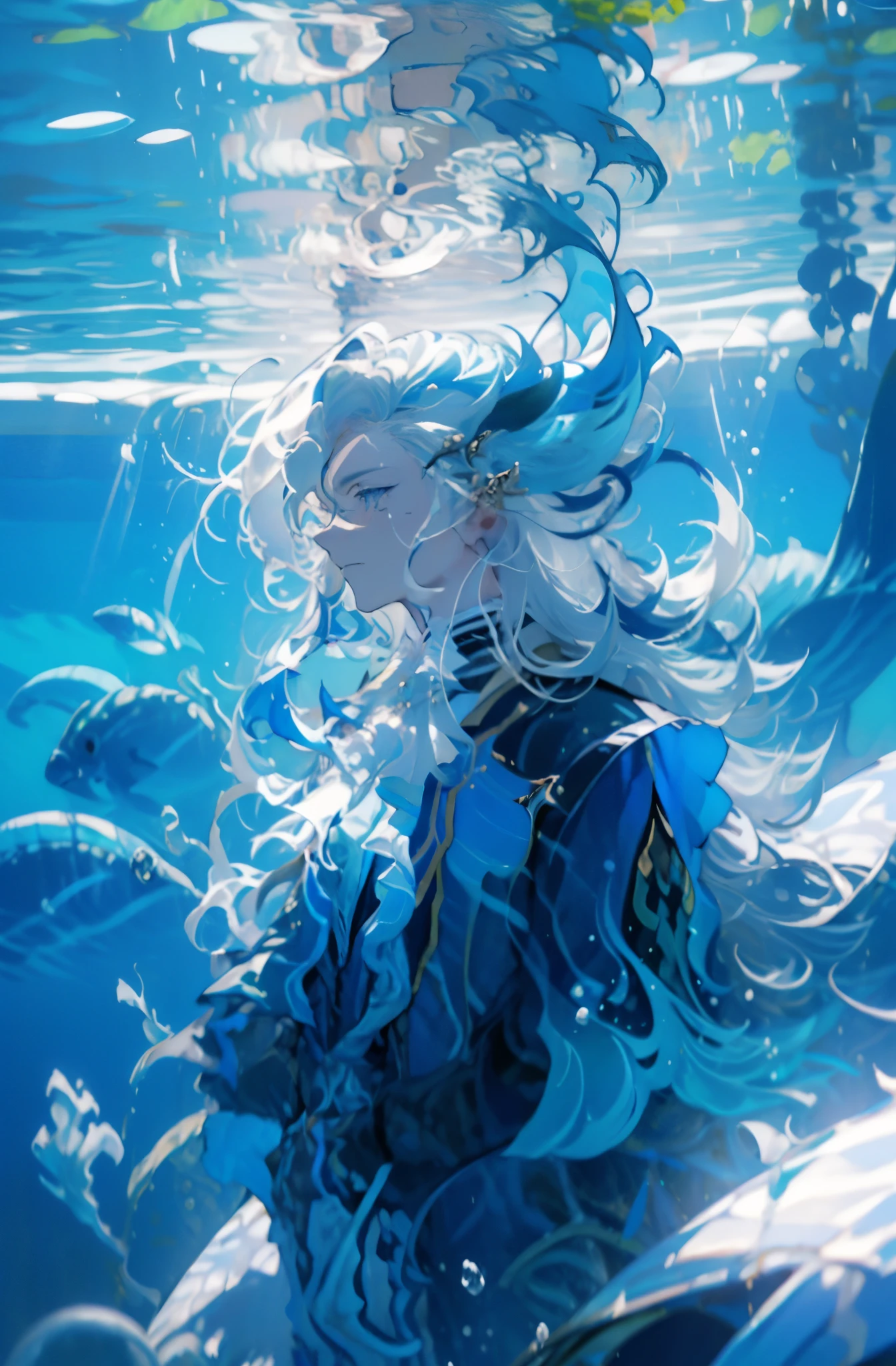 1 成熟した男性コロ, 青い縞模様の長い白い髪, 青い服, 落ち着いた, 水中に浮かぶ