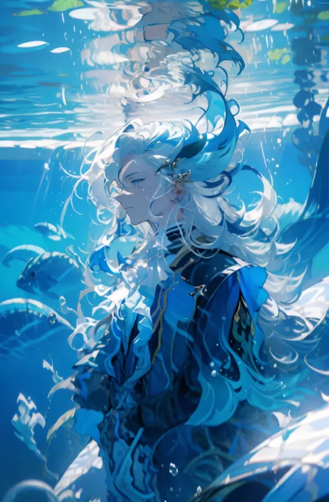 1  mature man colo, long white hair with blue streaks, blue clothes, calm, floating underwater