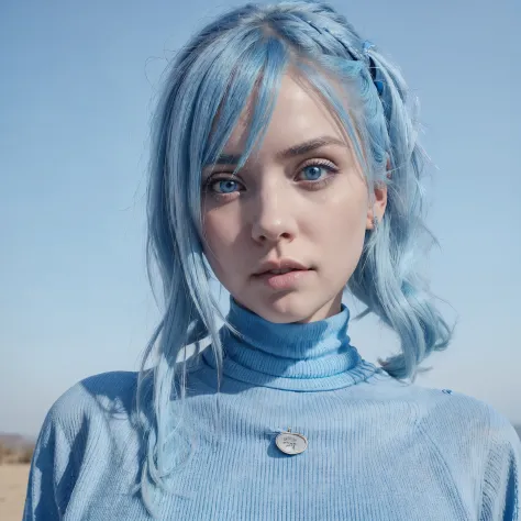 a woman with blue hair and blue eyes wearing a black turtle neck top, sky blue straight hair, straight sky blue hair, pastel blu...